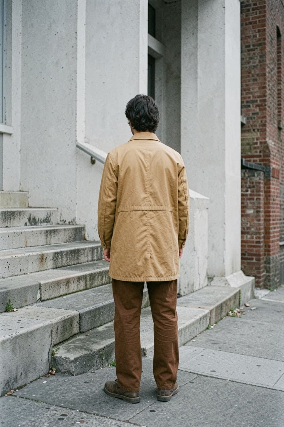 A tan duck canvas chore coat and brown carpenter pants against pale concrete